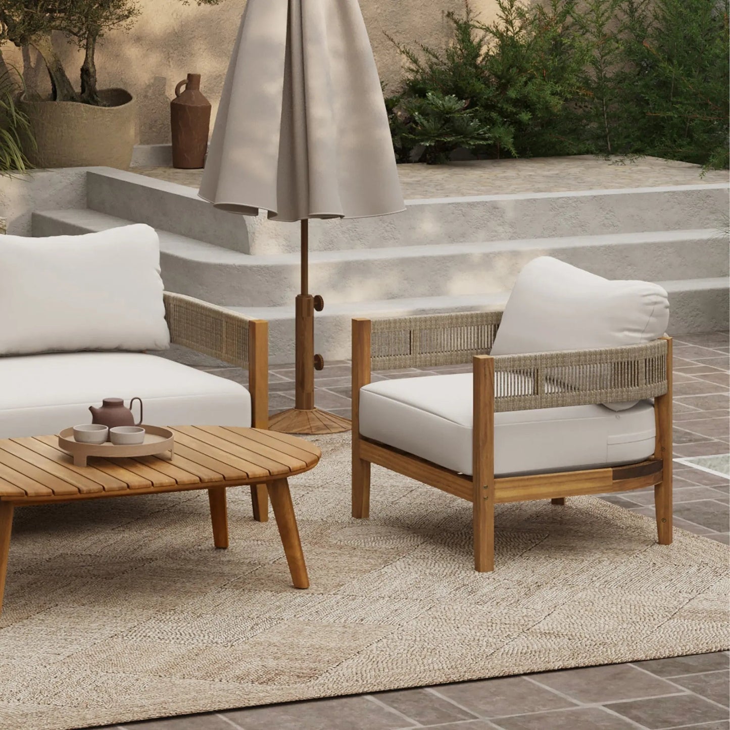 RetailsSup 4-Piece Outdoor Conversation Set – Acacia Wood, Loveseat, 2 Armchairs, Coffee Table
